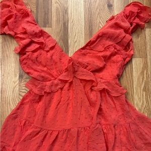 Francesca's Coral Mini Dress With Ruffles & Floral Raised Design Throughout.